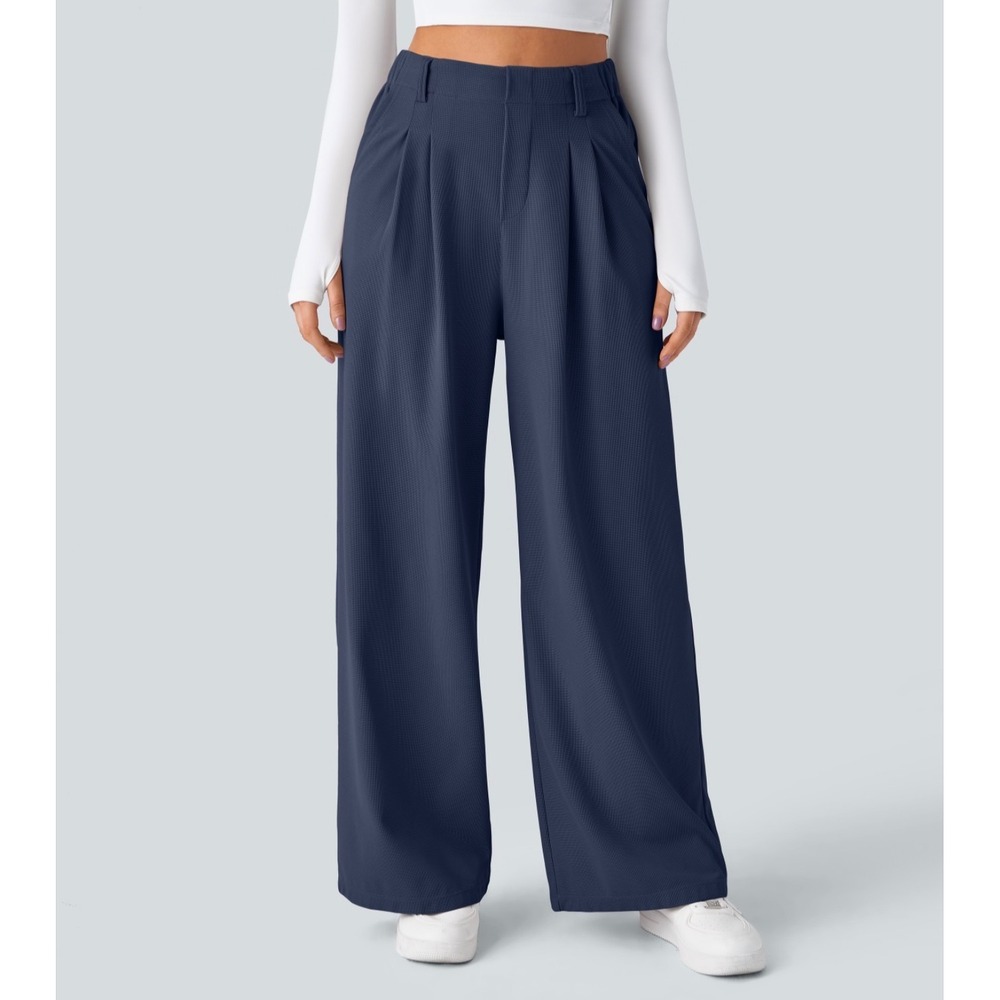 Halara XL Tall Waffle Knit High Waisted Wide Leg Pocket Work Pants Navy Blue